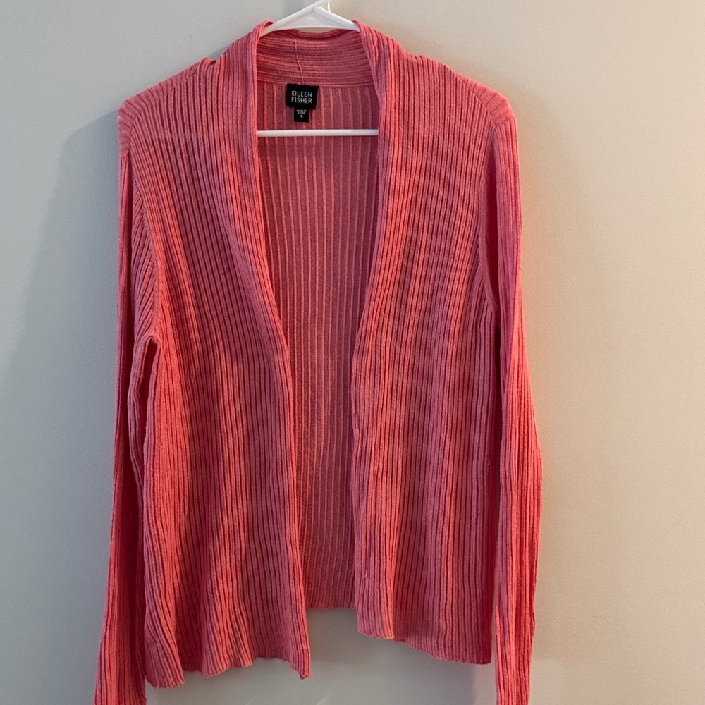 Eileen Fisher Coral Pink Ribbed Open Cardigan